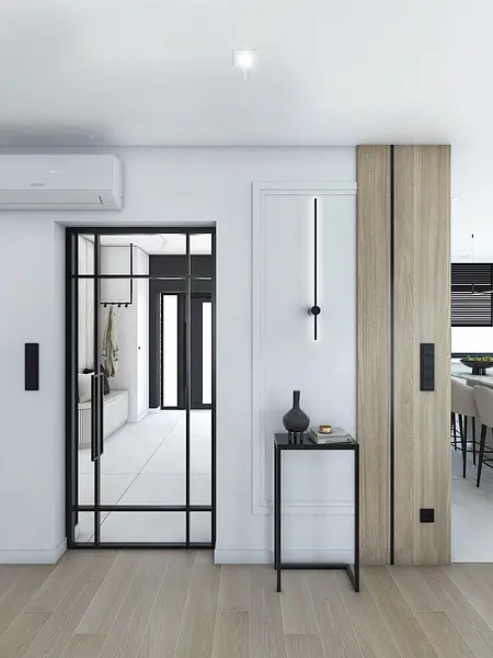 Minimalistyczne wnętrze w stylu japandi z przeszklonymi drzwiami i drewnianymi detalami.