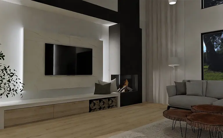 Wnętrze nowoczesnego salonu z telewizorem i kominkiem, drewniane akcenty.