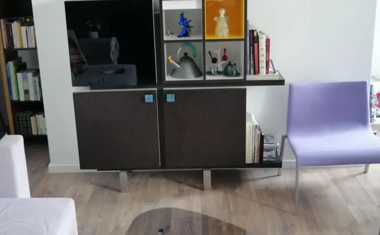 Wnętrze salonu z nowoczesnymi meblami i stylowym dywanem.