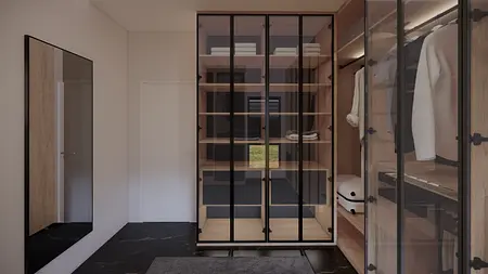 Garderoba z minimalistycznym wystrojem, przeszklone szafki, nowoczesne lusterko.