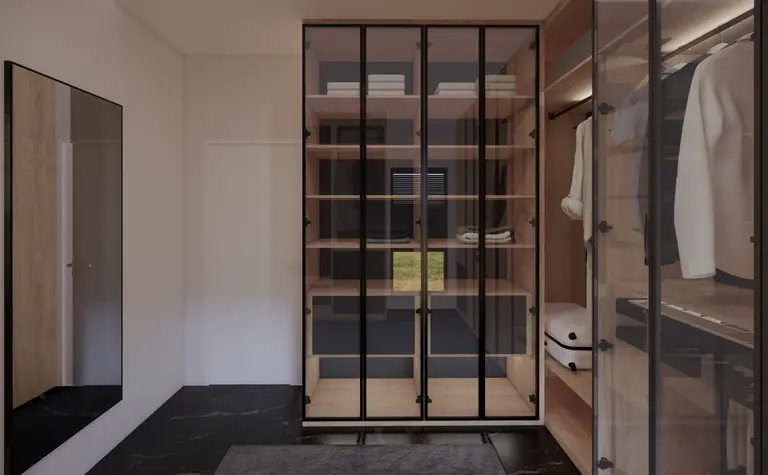 Garderoba z minimalistycznym wystrojem, przeszklone szafki, nowoczesne lusterko.