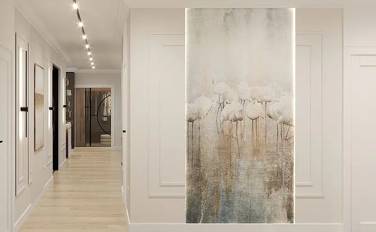 Przedpokój w stylu art deco, glamour i nowoczesnym z jasnymi ścianami i dekoracjami.