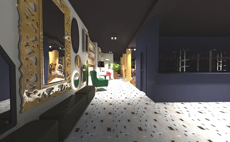 Eklektyczny przedpokój z zieloną sofą, dużymi lustrami i dekoracyjnymi elementami.