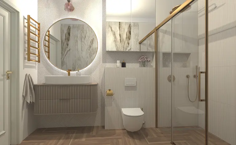 Współczesna łazienka z dużym lustrem, prysznicem i drewnianą podłogą.