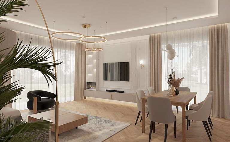 Wnętrze salonu z drewnianym stołem, roślinnością i nowoczesnymi lampami. Styl dopamine decor.