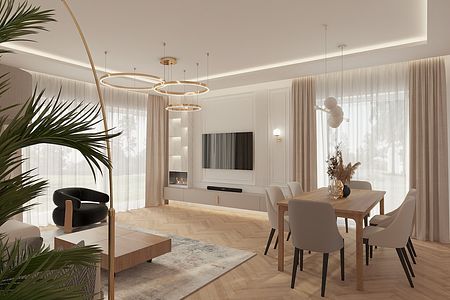 Wnętrze salonu z drewnianym stołem, roślinnością i nowoczesnymi lampami. Styl dopamine decor.