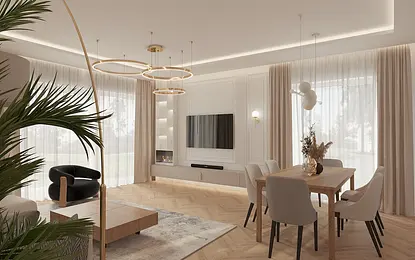 Wnętrze salonu z drewnianym stołem, roślinnością i nowoczesnymi lampami. Styl dopamine decor.