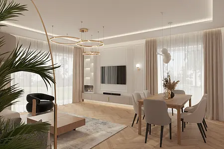 Wnętrze salonu z drewnianym stołem, roślinnością i nowoczesnymi lampami. Styl dopamine decor.