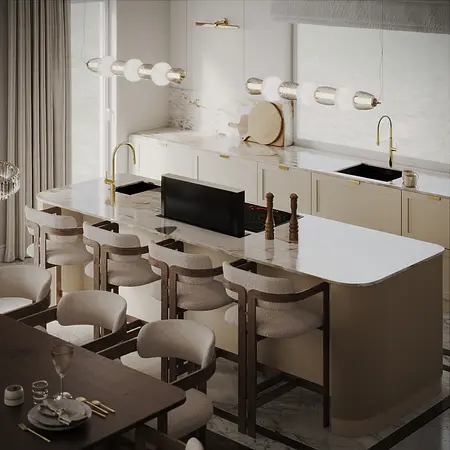 Nowoczesna kuchnia z jasnymi meblami i marmurowym blatem w stylu quiet luxury.