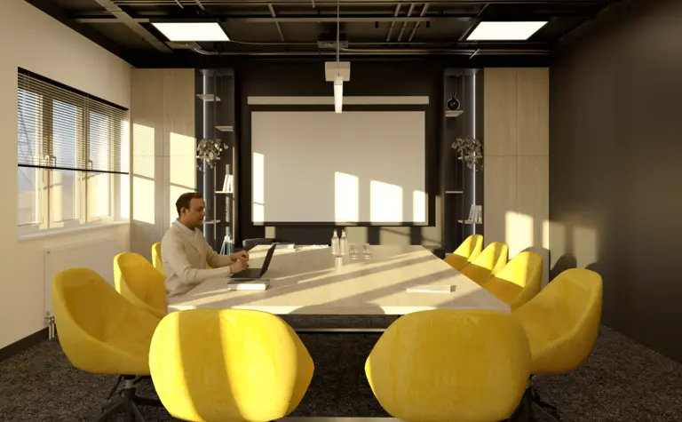 Sala konferencyjna z żółtymi krzesłami i drewnianym stołem w stylu industrialnym.