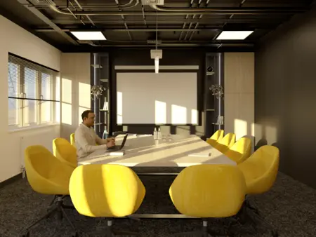Sala konferencyjna z żółtymi krzesłami i drewnianym stołem w stylu industrialnym.