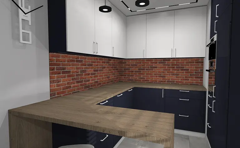 Kuchnia w stylu industrialnym z ceglanym murem i minimalistycznymi meblami.