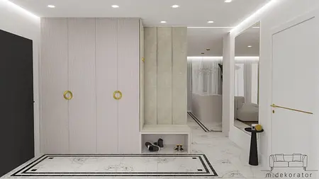Przedpokój z glamour detalami, jasnymi meblami i eleganckim oświetleniem.