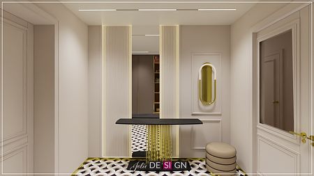 Przedpokój w stylu art deco z czarnym stolikiem i złotymi akcentami.