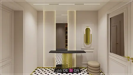 Przedpokój w stylu art deco z czarnym stolikiem i złotymi akcentami.