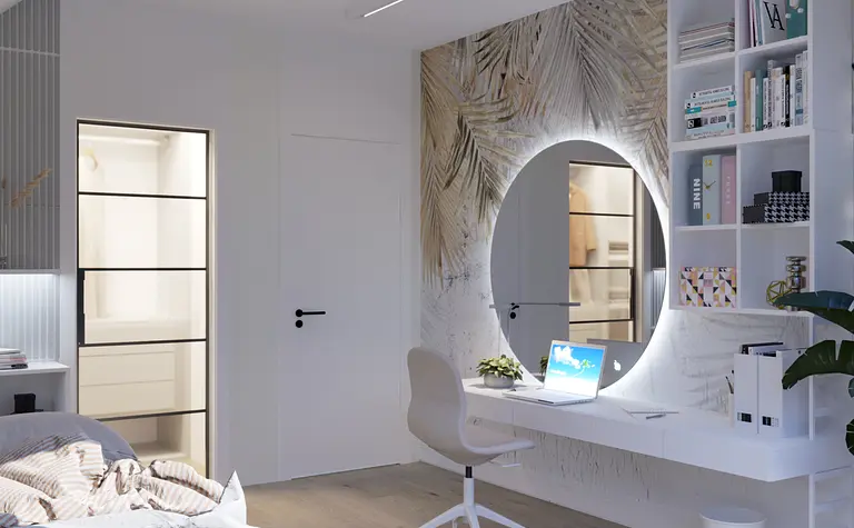 Wnętrze gabinetu z biurkiem, półkami i roślinami, styl boho, nowoczesny, skandynawski, vintage, współczesny.