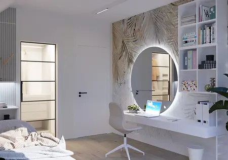 Wnętrze gabinetu z biurkiem, półkami i roślinami, styl boho, nowoczesny, skandynawski, vintage, współczesny.