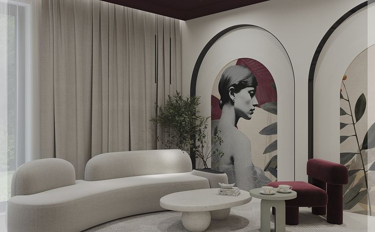 Wnętrze salonu w stylu art deco i minimalistycznym z roślinnymi akcentami.