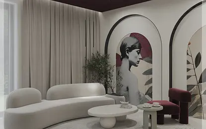 Wnętrze salonu w stylu art deco i minimalistycznym z roślinnymi akcentami.