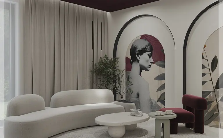 Wnętrze salonu w stylu art deco i minimalistycznym z roślinnymi akcentami.