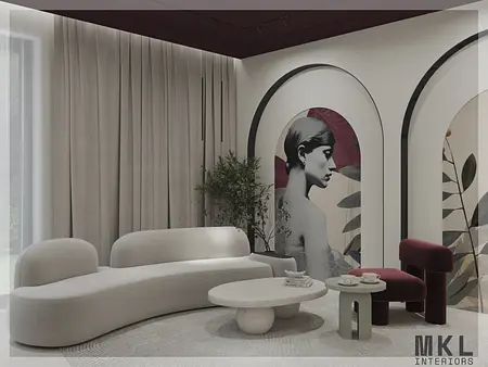 Wnętrze salonu w stylu art deco i minimalistycznym z roślinnymi akcentami.