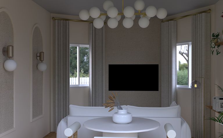 Wnętrze salonu w stylu japandi i minimalistycznym z białą sofą.