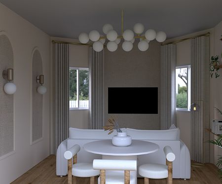 Wnętrze salonu w stylu japandi i minimalistycznym z białą sofą.