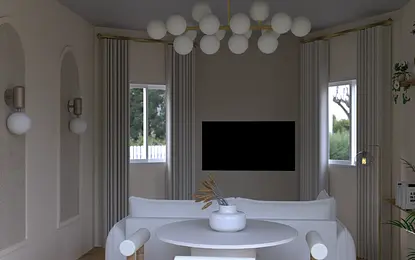 Wnętrze salonu w stylu japandi i minimalistycznym z białą sofą.