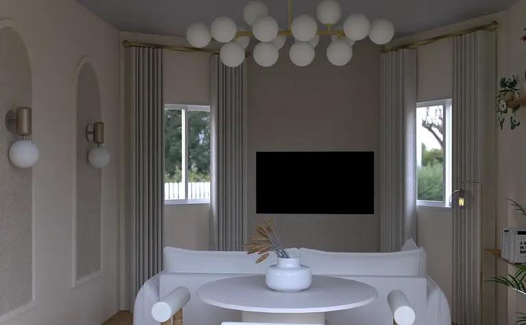 Wnętrze salonu w stylu japandi i minimalistycznym z białą sofą.