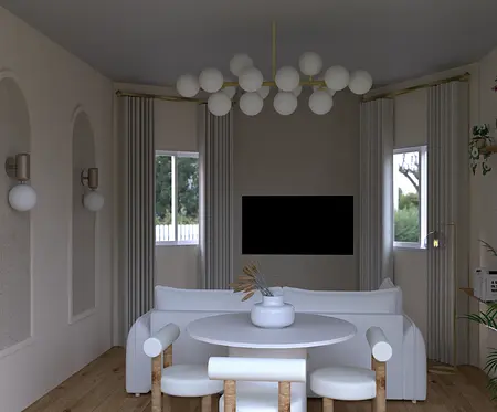 Wnętrze salonu w stylu japandi i minimalistycznym z białą sofą.