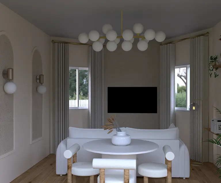Wnętrze salonu w stylu japandi i minimalistycznym z białą sofą.