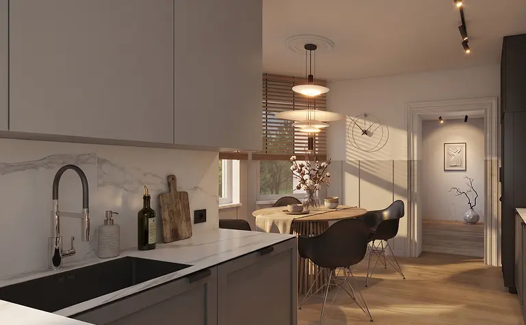 Kuchnia z szarymi meblami i minimalistycznymi akcentami, styl minimaluxe.