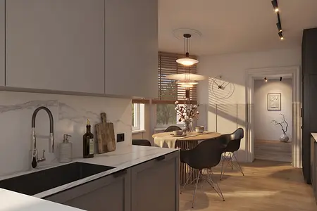 Kuchnia z szarymi meblami i minimalistycznymi akcentami, styl minimaluxe.