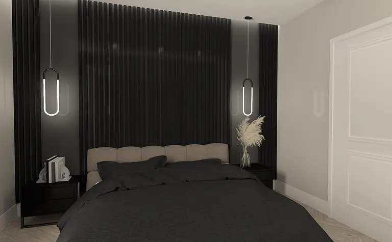 Wnętrze sypialni z nowoczesnym oświetleniem i minimalistycznym designem.