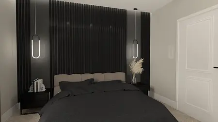 Wnętrze sypialni z nowoczesnym oświetleniem i minimalistycznym designem.