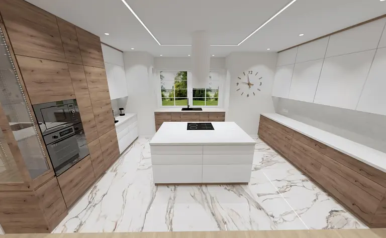 Nowoczesna kuchnia z drewnianymi frontami i białymi detalami, styl glamour i współczesny.