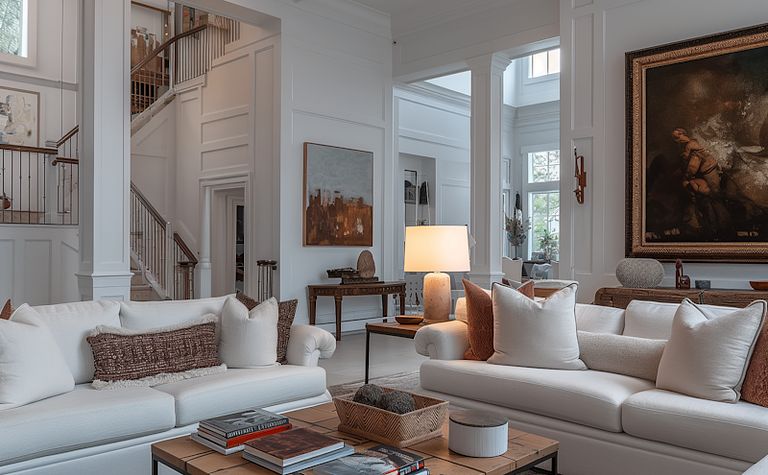 Wnętrze salonu z białymi meblami, minimalistyczny styl, minimaluxe