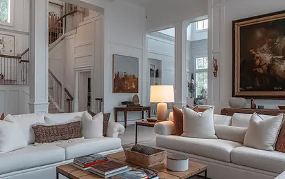 Wnętrze salonu z białymi meblami, minimalistyczny styl, minimaluxe