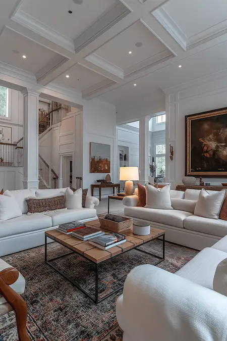 Wnętrze salonu z białymi meblami, minimalistyczny styl, minimaluxe