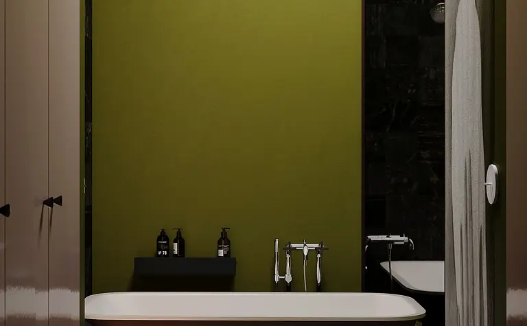 Wnętrze łazienki z wanną, zielonymi ścianami i akcesoriami w stylu eklektycznym i industrialnym.