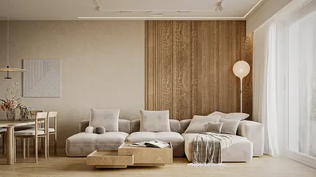 Wnętrze salonu w stylu japandi i minimalistycznym z drewnianymi akcentami.