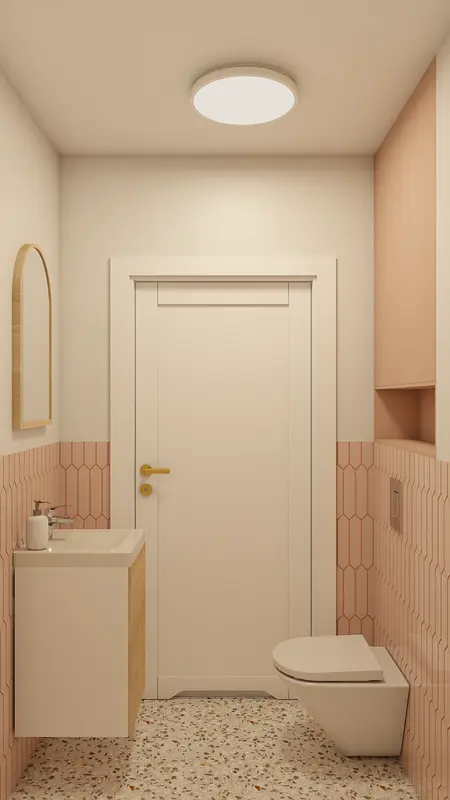 Wnętrze łazienki z różowymi płytkami, białymi meblami, eklektycznym i skandynawskim stylem.