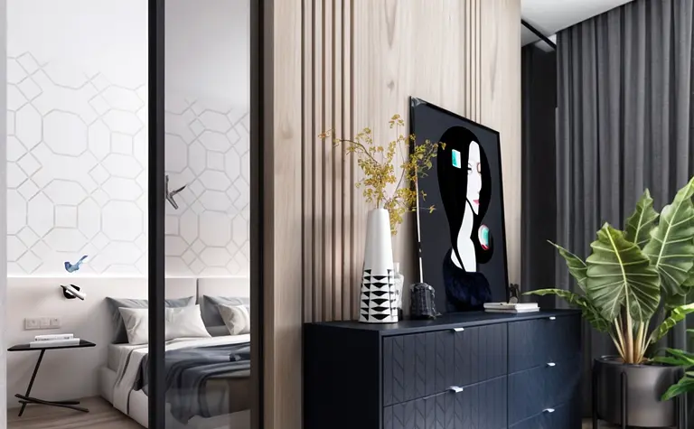 Nowoczesne wnętrze z drewnianą ścianą, telewizorem i rośliną.