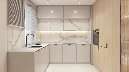 Nowoczesna kuchnia w stylu minimaluxe z drewnianymi detalami