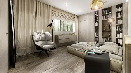 Wnętrze sypialni z minimalistycznym designem, nowoczesne meble i oświetlenie.