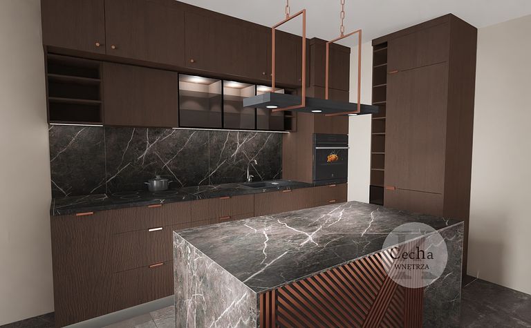 Nowoczesna kuchnia z ciemnymi meblami i marmurowym blatem w stylu tradycyjnym.