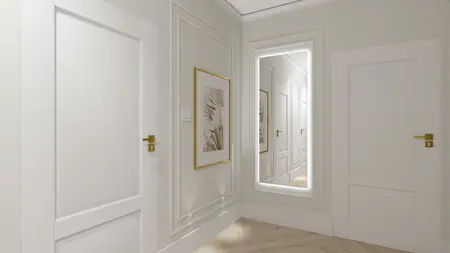 Przedpokój z białymi ścianami, lustrem i złotymi akcentami, styl glamour.