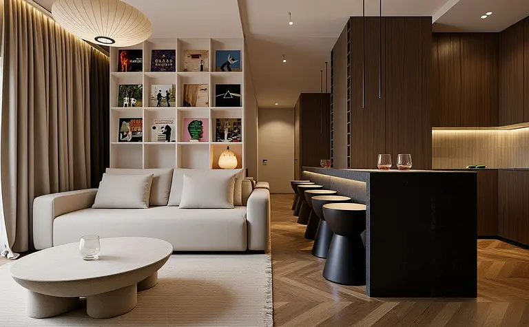 Wnętrze salonu z beżową sofą i brązowym blatem, nowoczesny design.