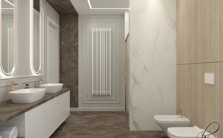 Nowoczesna łazienka z podwójną umywalką, drewnianymi detalami i eleganckim oświetleniem.