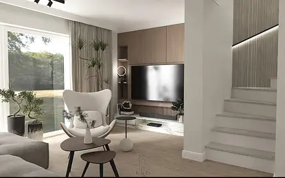 Stylowe wnętrze minimalistycznego salonu z białą sofą i drewnianymi elementami.